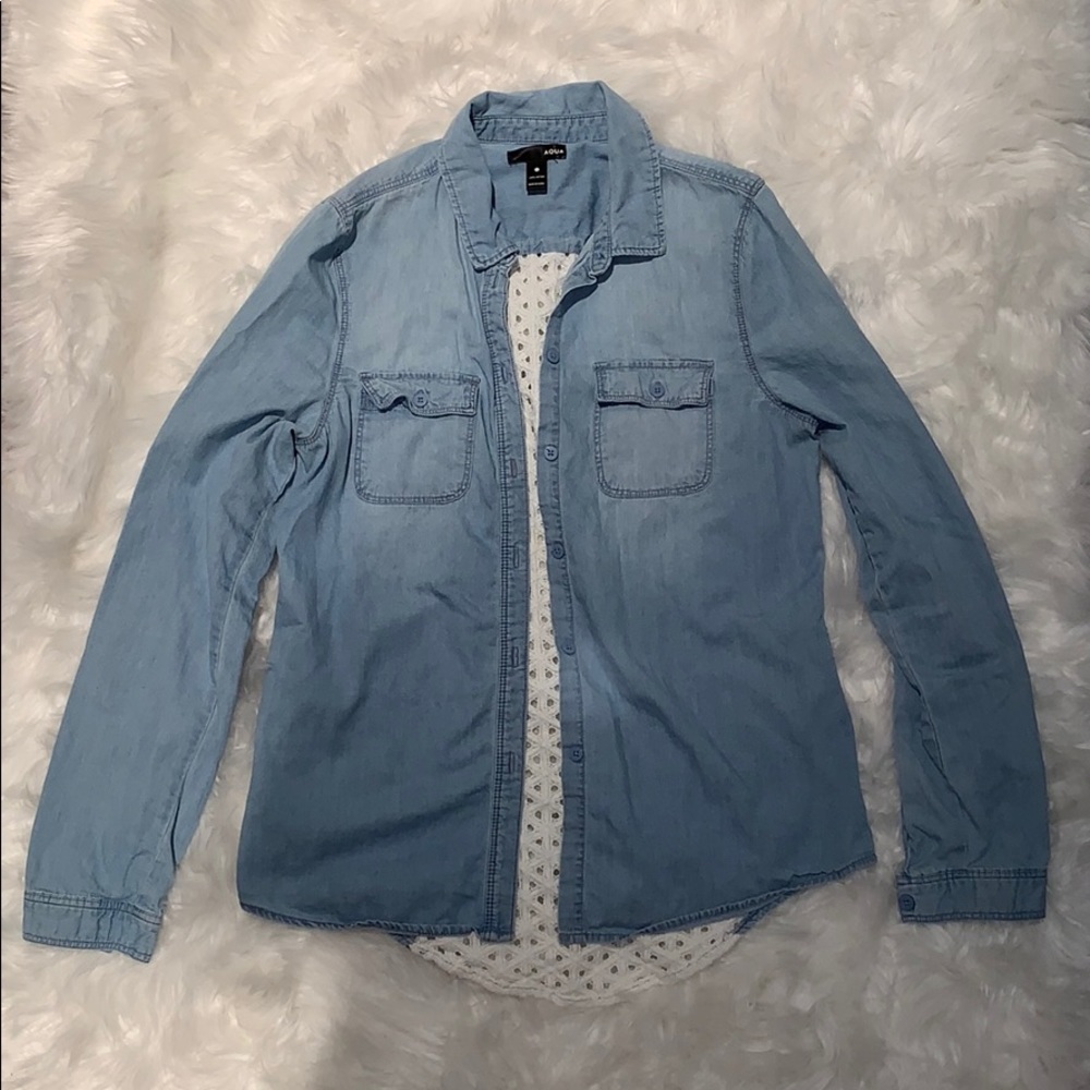 Blue Denim Chambray Shirt with Lace Floral Detail